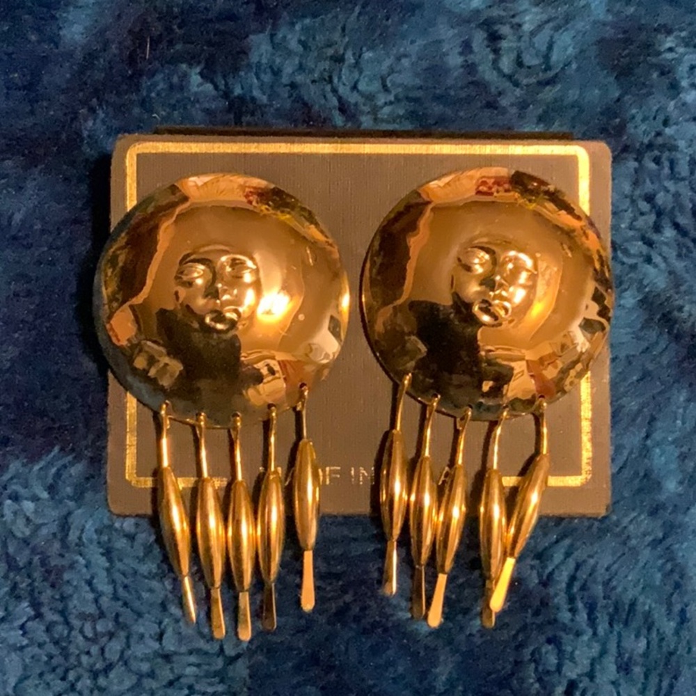 Gold Tone Statement Moon Face Post Earrings